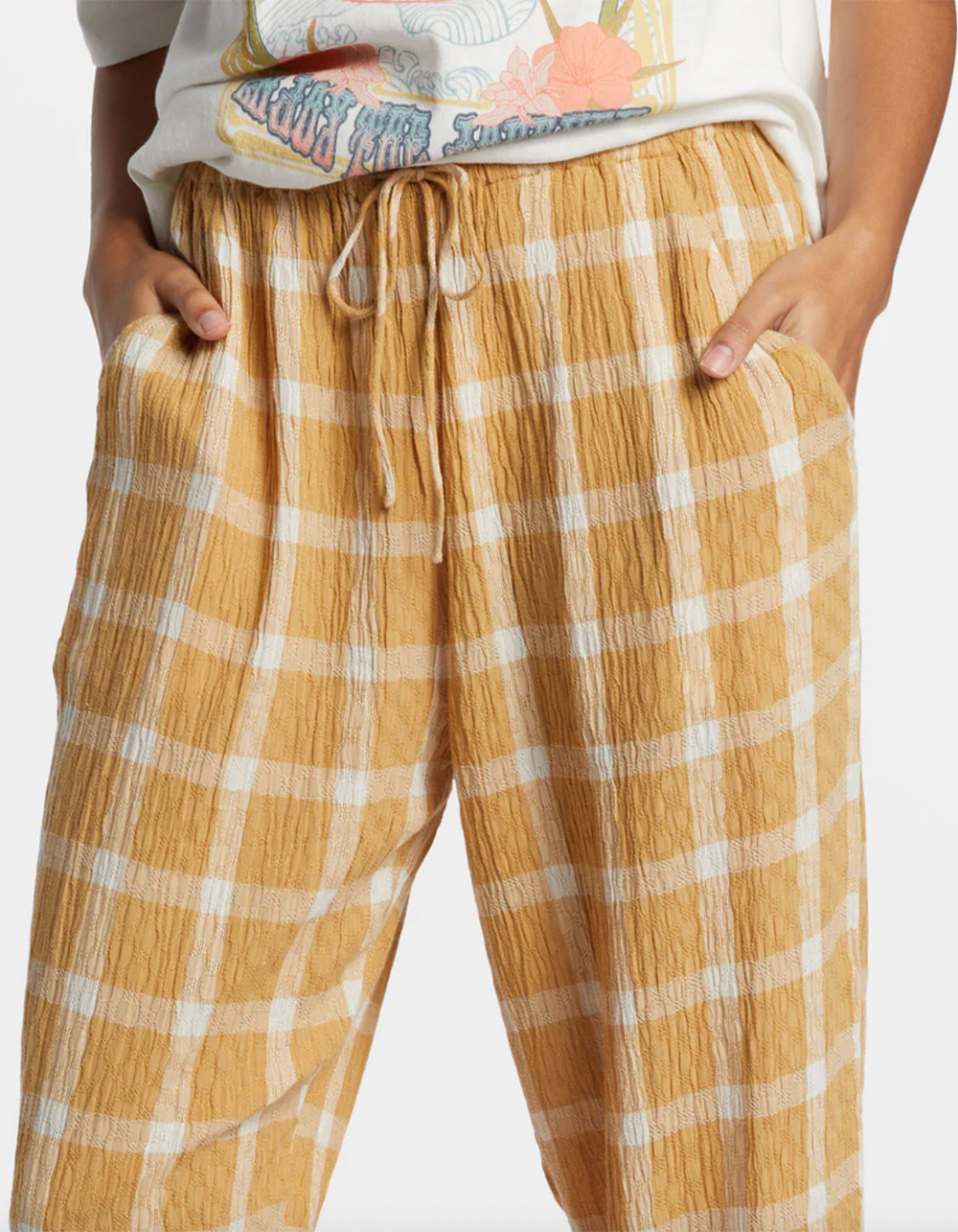BILLABONG Plaid Out Womens Elastic Waist Pants - HONEY
