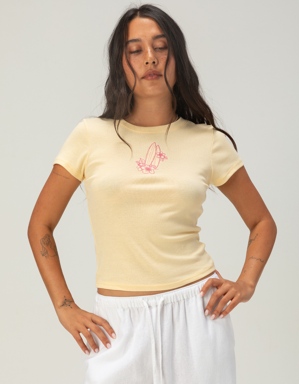 FULL TILT Flower Surfboard Womens Baby Tee - YELLOW