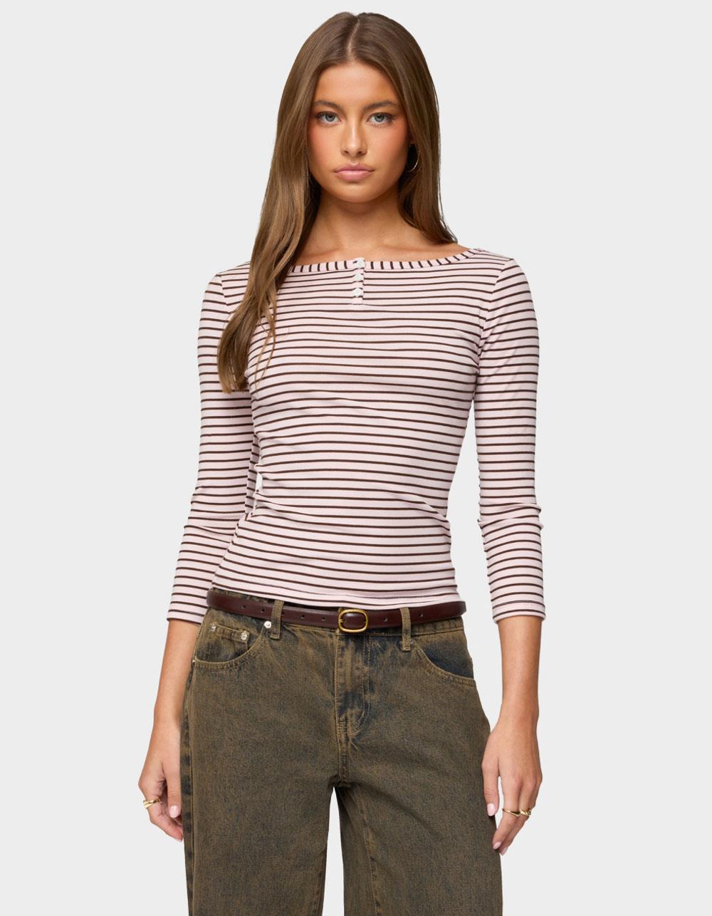 EDIKTED Avigyle Striped Boat Neck Top - LIGHT PINK