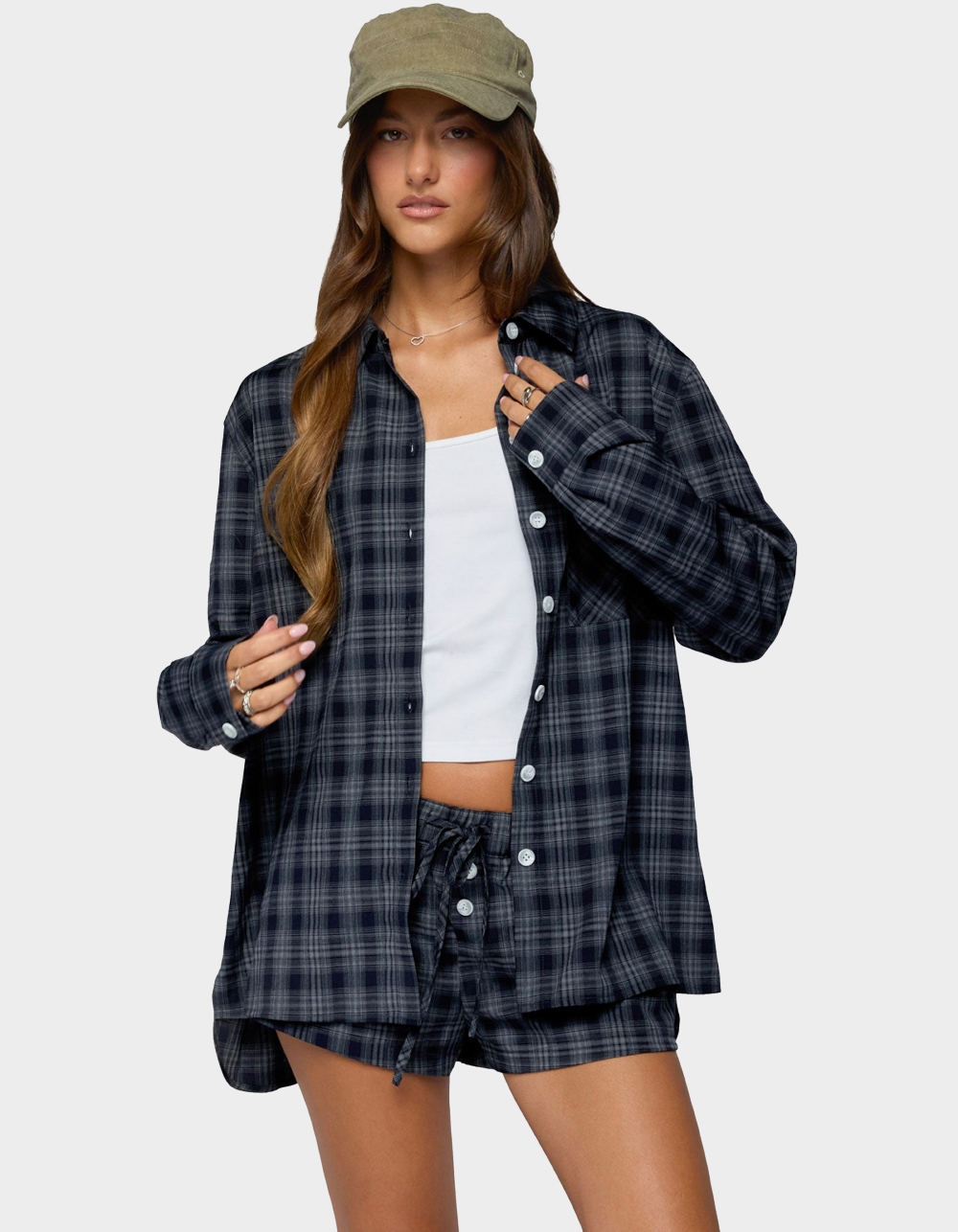 EDIKTED Alessa Plaid Button Up Long Sleeve Top - DARK BLUE