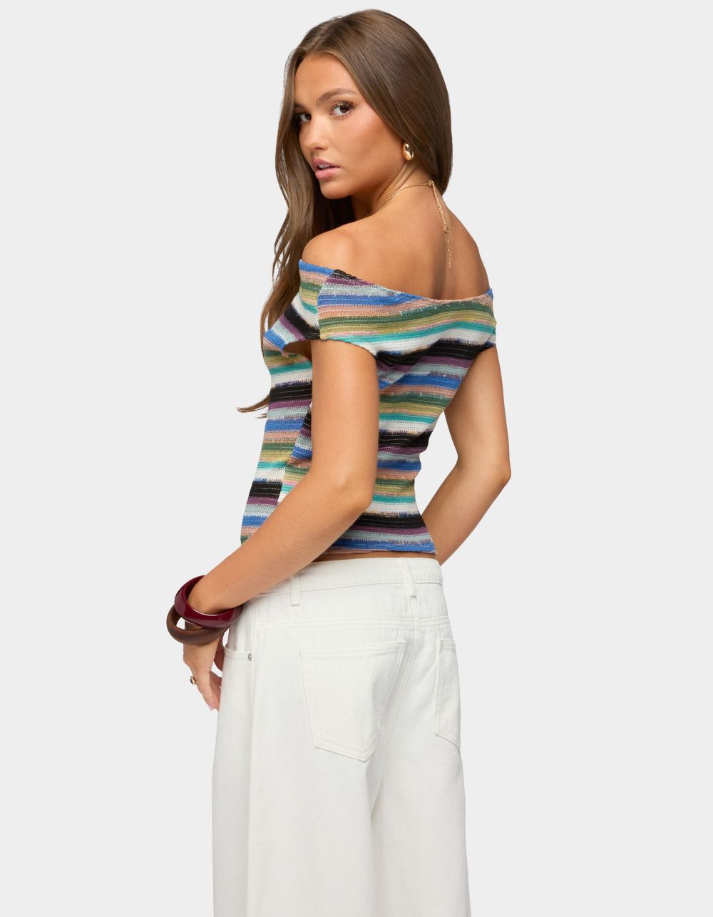 EDIKTED Irenea Striped Knit Off Shoulder Top - BLACK