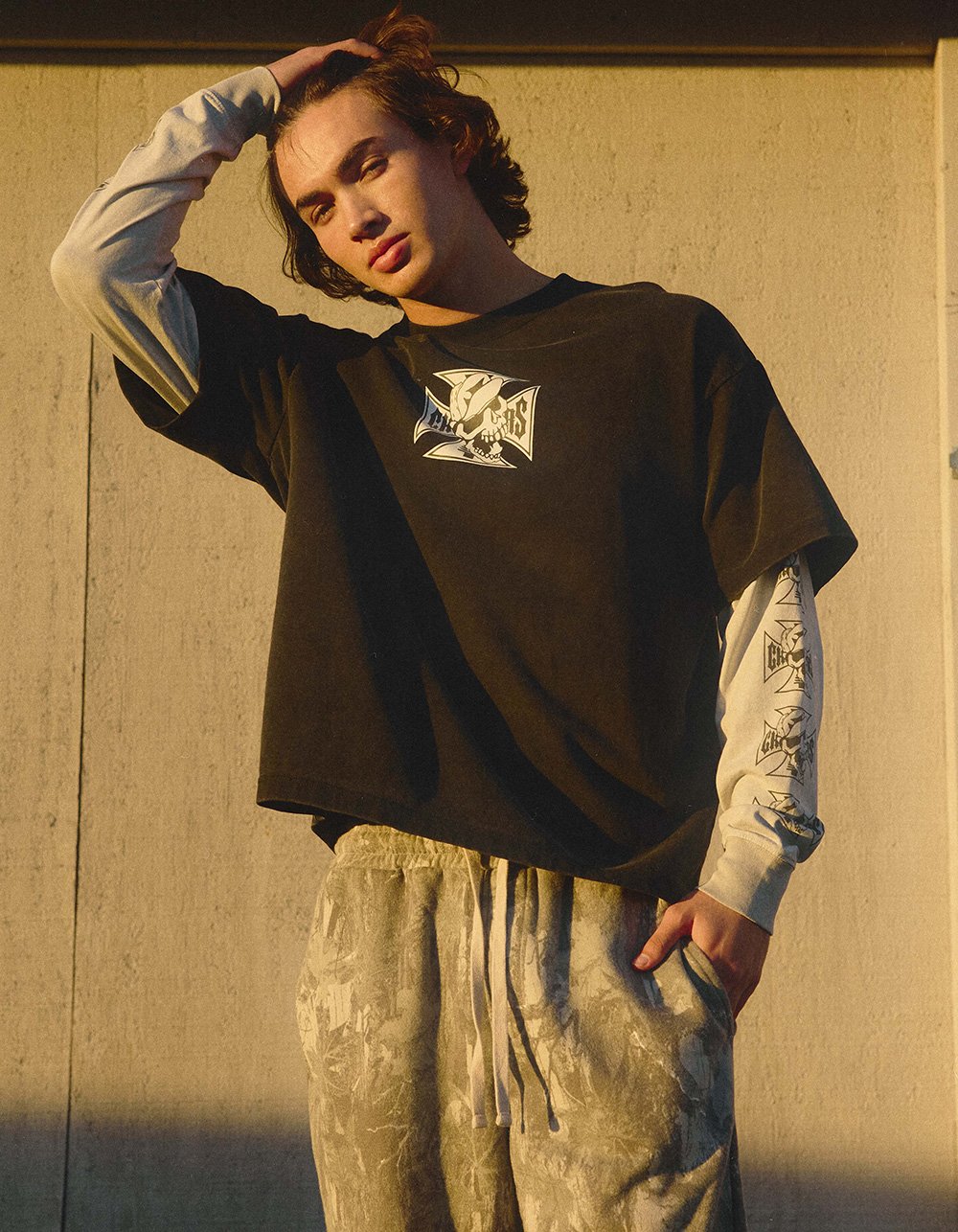 WEST COAST CHOPPERS Skeleton Moto Mens Long Sleeve 2fer Tee - WASHED BLACK