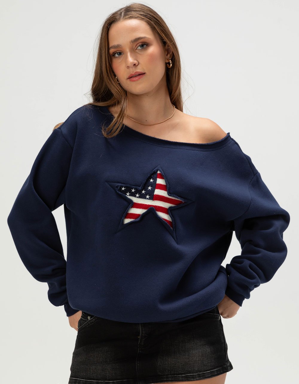 RSQ Womens Star Off The Shoulder Sweatshirt - NAVY