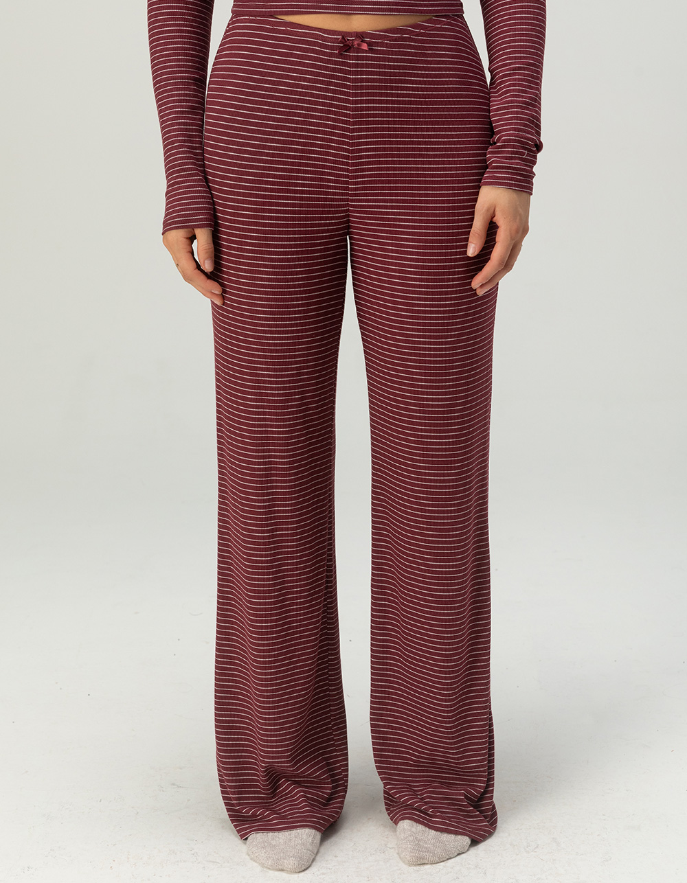FULL TILT Rib Stripe Womens Pajama Pants - BURGUNDY COMBO