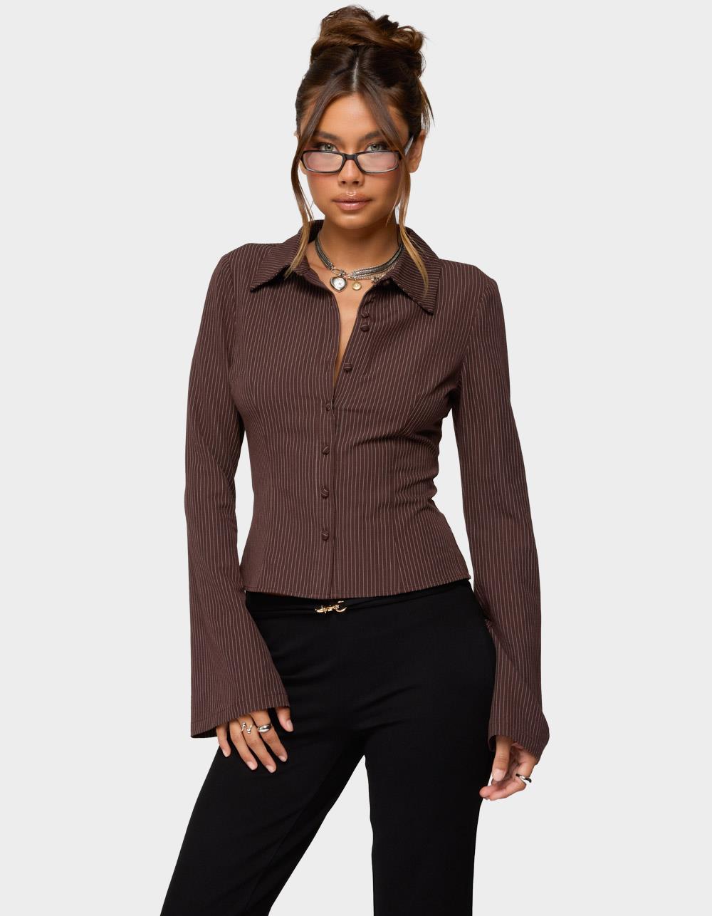 EDIKTED Pinstripe Tailored Button Up Shirt - BROWN