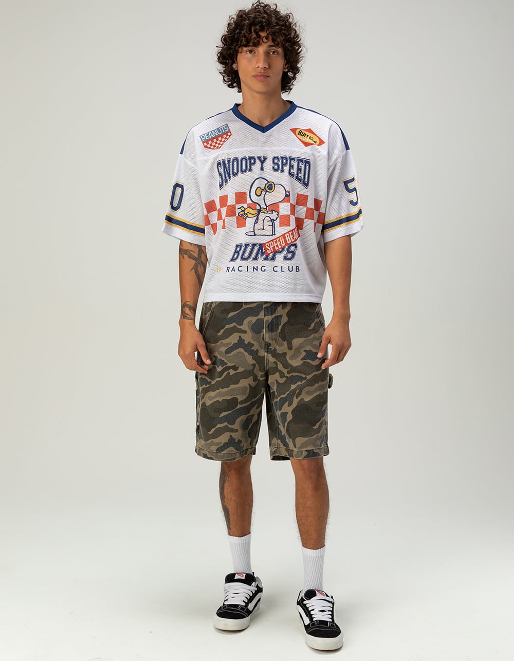 RSQ x Peanuts Mens Baggy Crop Mesh Racing Jersey - WHITE