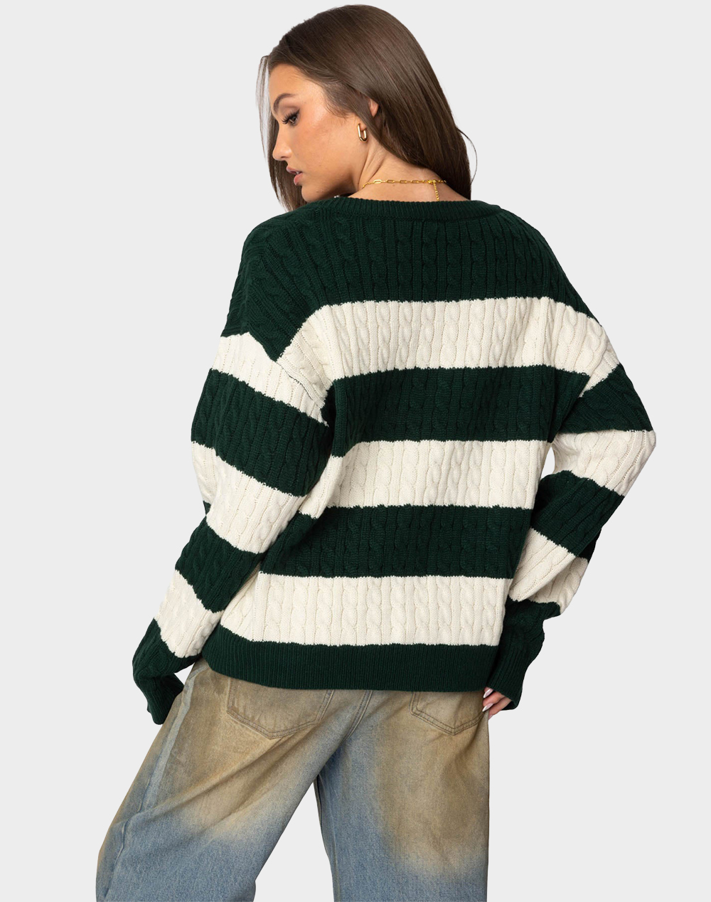 EDIKTED Oversized Striped Cable Knit Sweater - GREEN