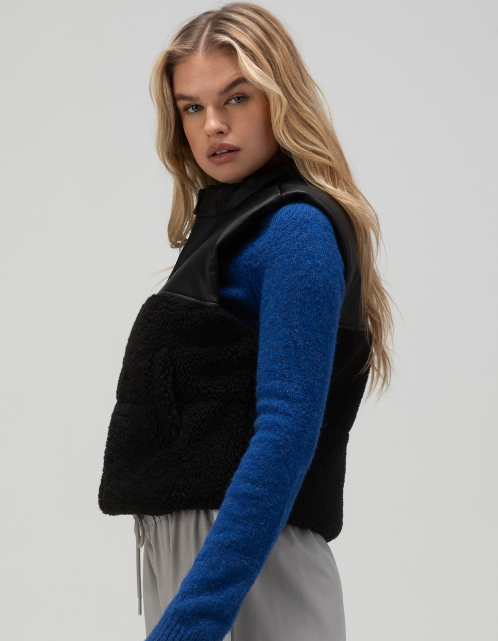 RSQ Womens Faux Leather Sherpa Vest - BLACK