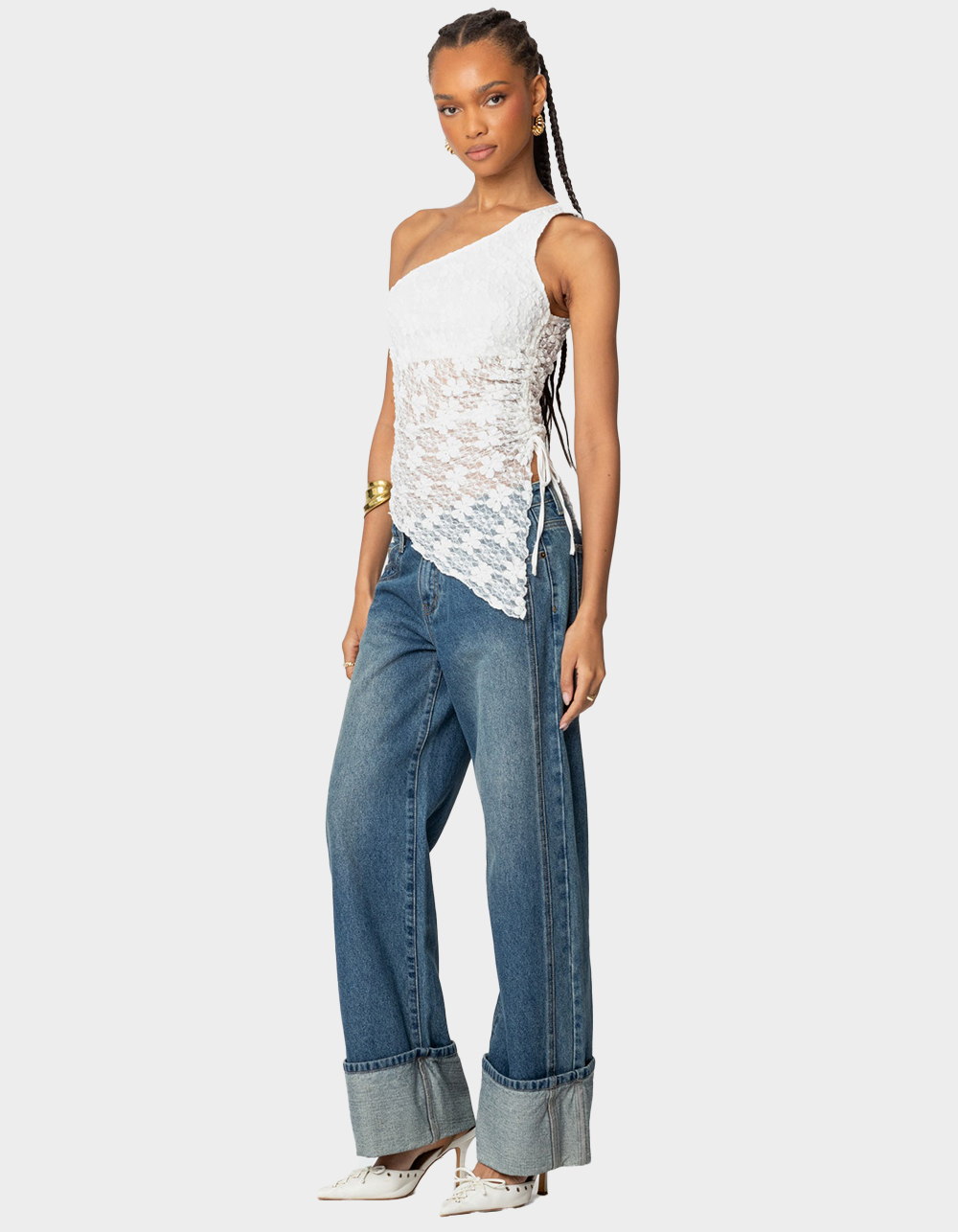 EDIKTED Lacey Sheer Asymmetric Drawstring Top - BEIGE