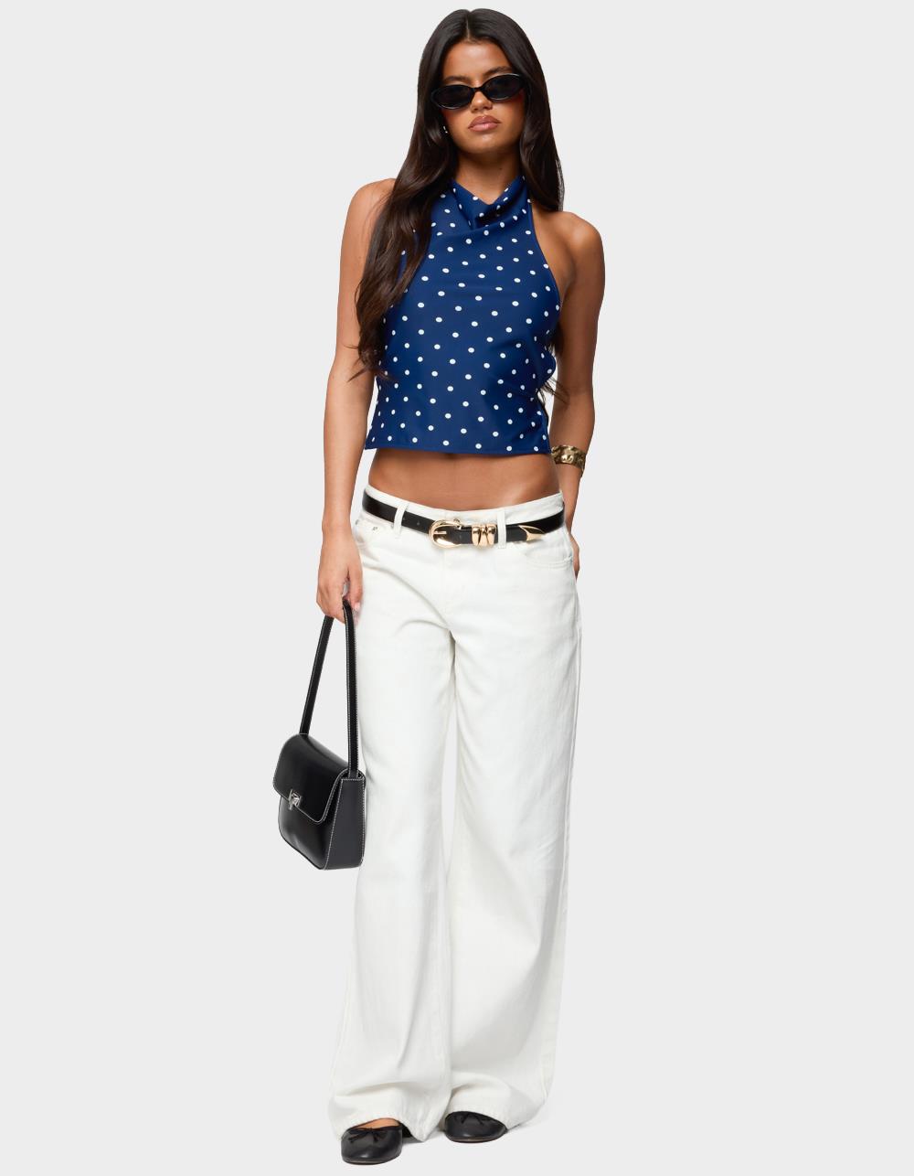 EDIKTED Raiya Polka Dot Backless Halter Top - NAVY