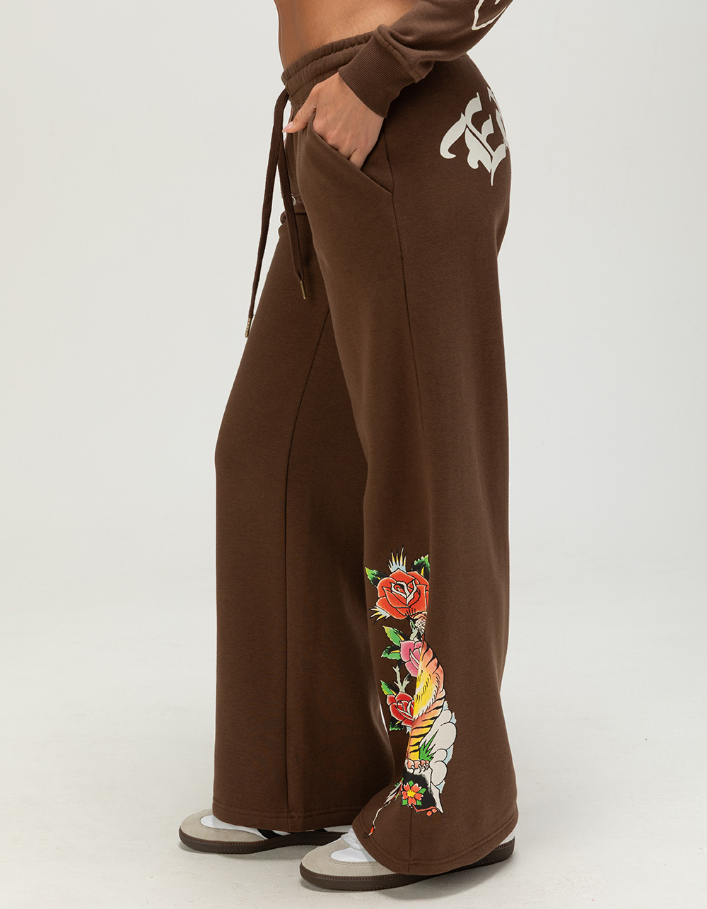 ED HARDY Tiger Rose Womens Wide Leg Sweatpants - BROWN