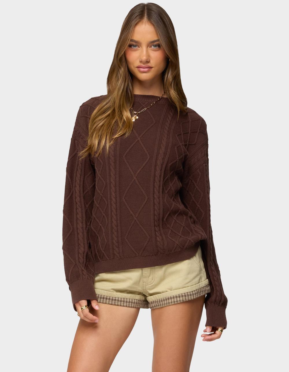 EDIKTED Jessy Cable Knit Oversized Sweater - BROWN