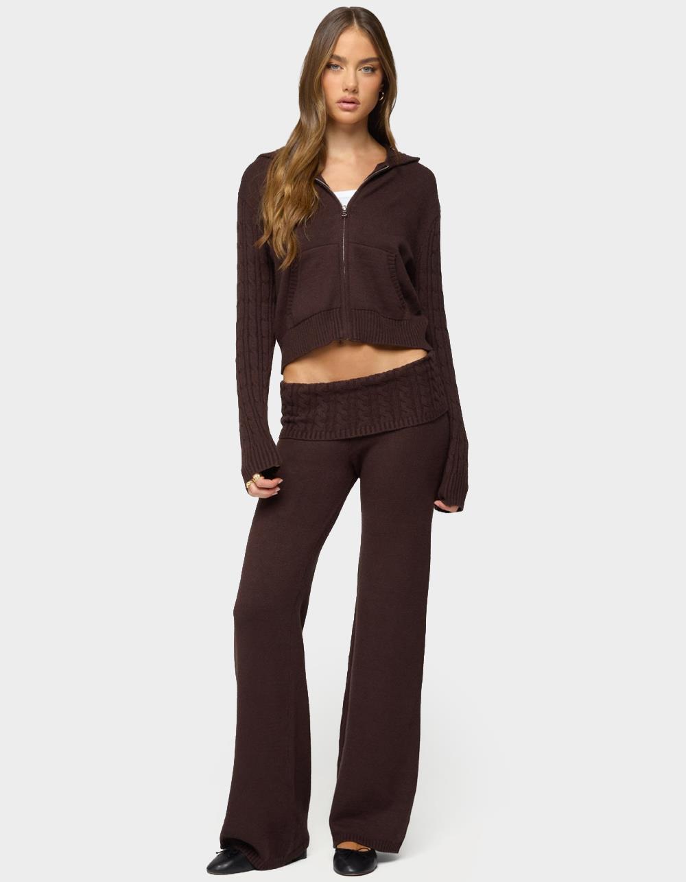 EDIKTED Lula Cable Knit Foldover Pants - BROWN