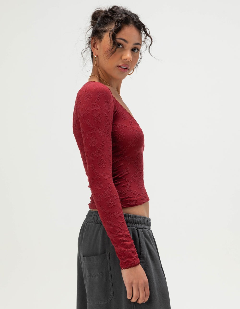 BDG Urban Outfitters Womens Textured Long Sleeve Top - MAROON