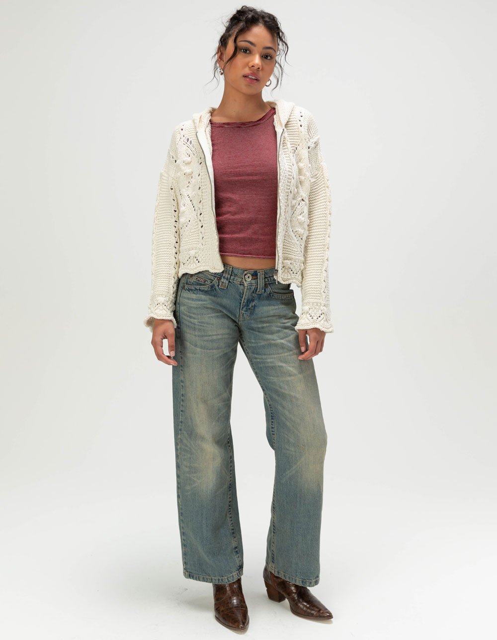 BDG Urban Outfitters Crochet Womens Zip-Up Hoodie - CREAM