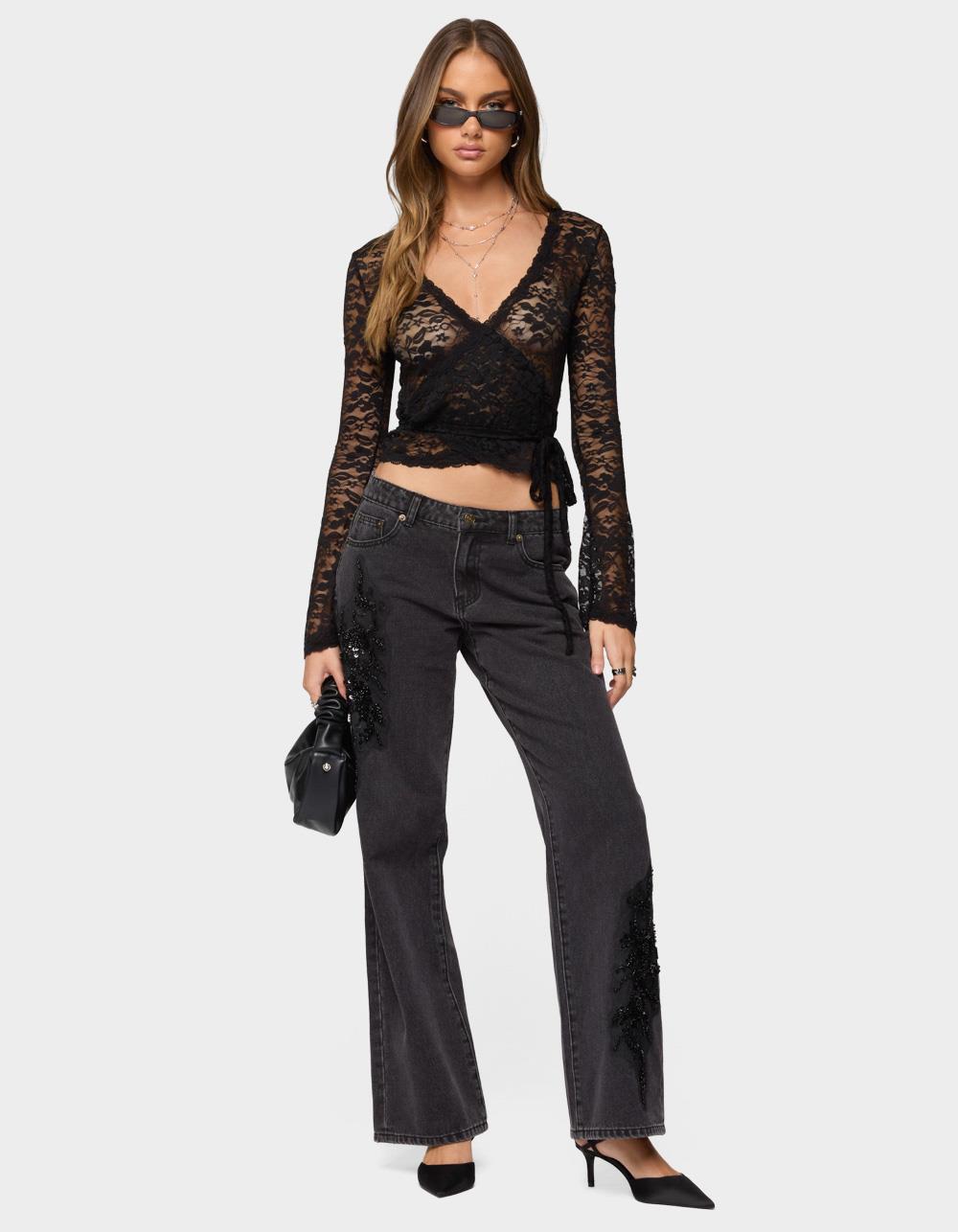 EDIKTED Rossa Beaded Low Rise Jeans - BLACK