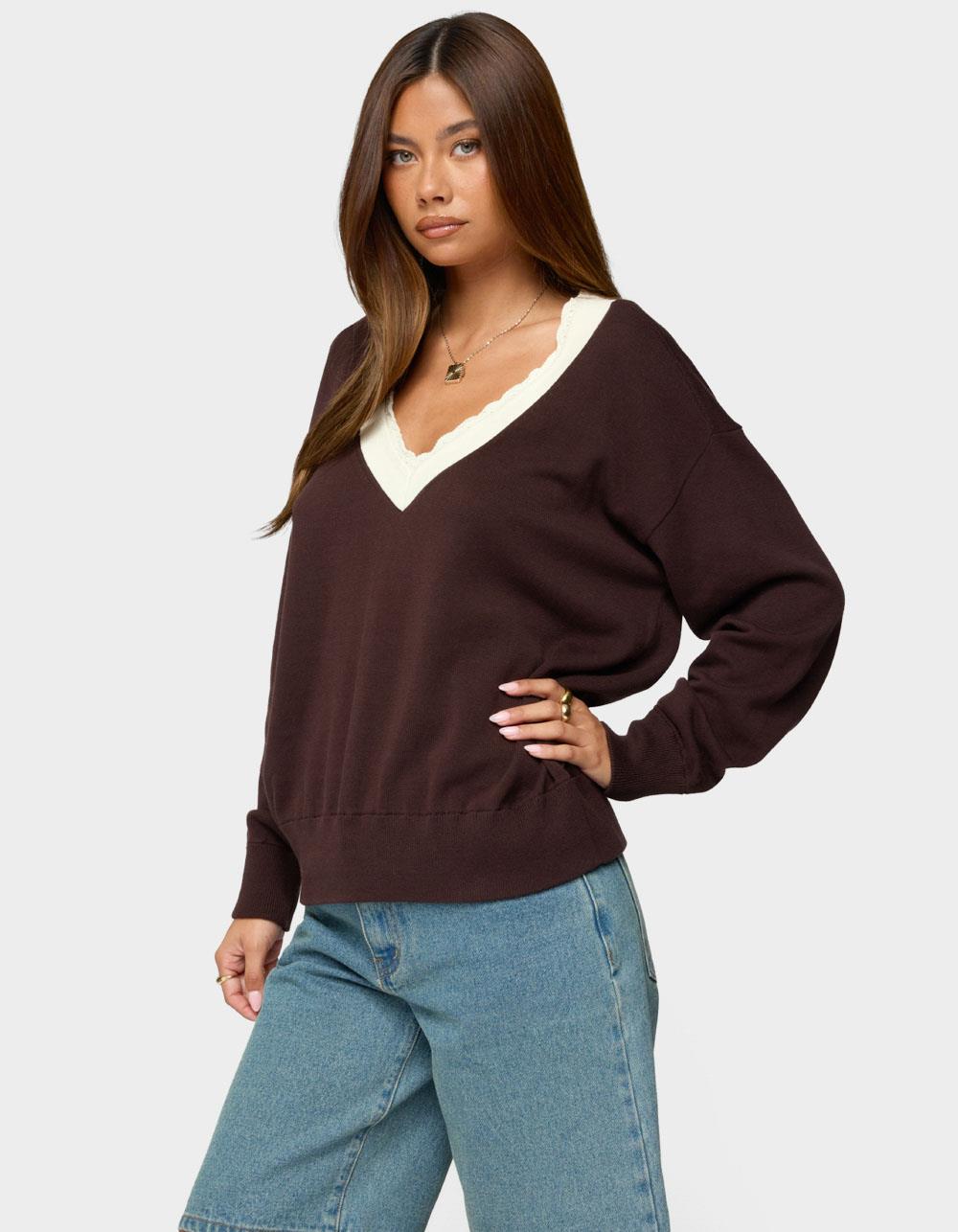 EDIKTED Marie Contrast Lacey V-Neck Sweater - BROWN
