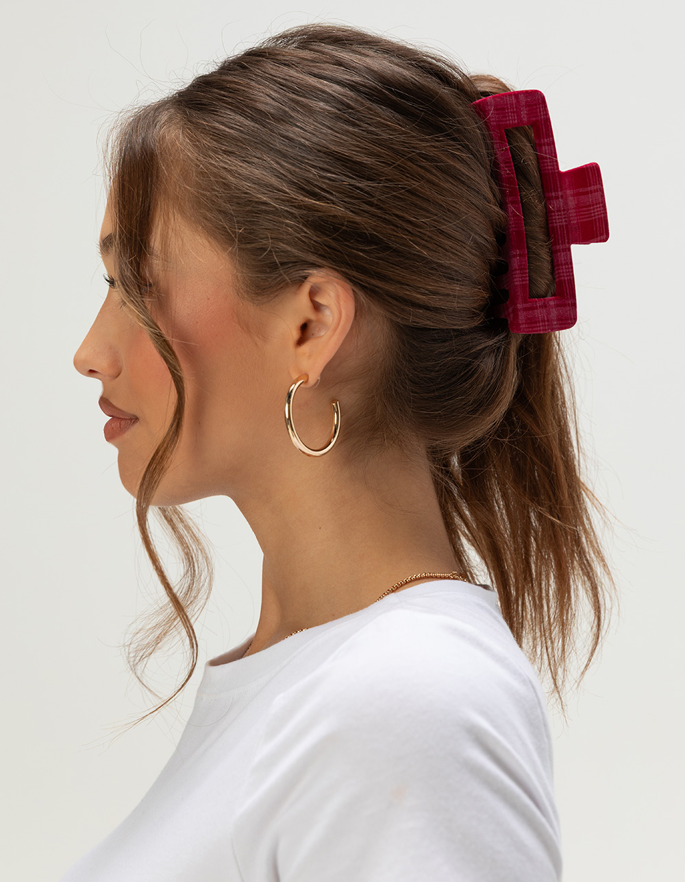 FULL TILT Oversized Plaid Velvet Claw Clip - BURGUNDY