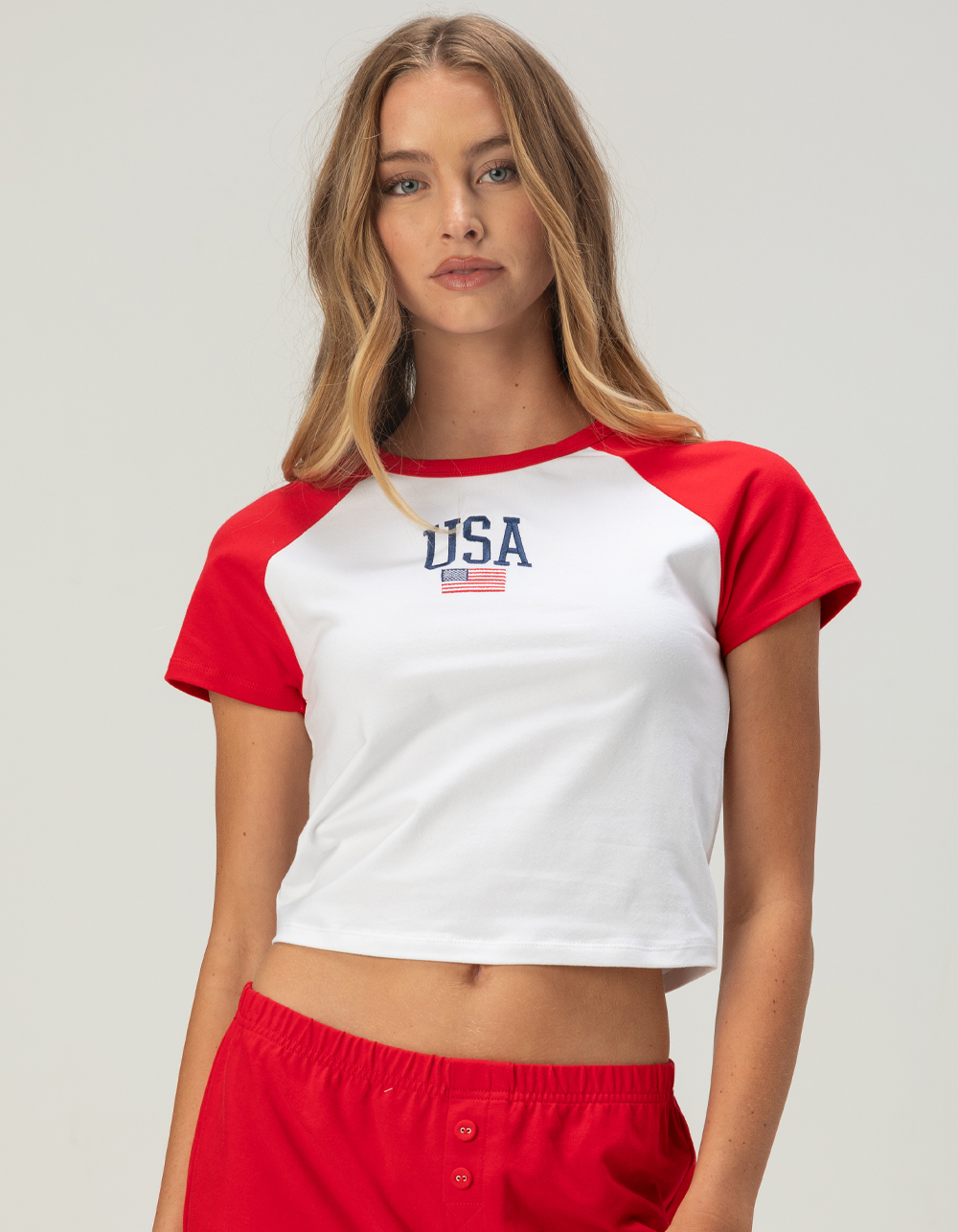 FULL TILT Womens Flag Raglan Baby Tee - RED/WHITE