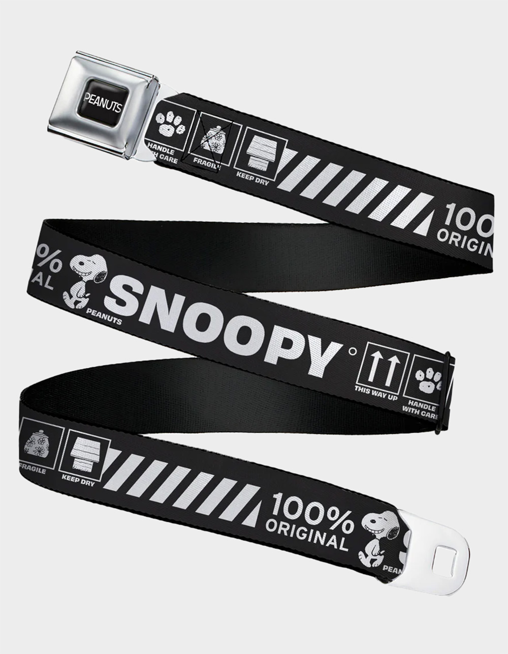 BUCKLE-DOWN Peanuts Snoopy Care Symbols Seatbelt Belt - BLACK COMBO