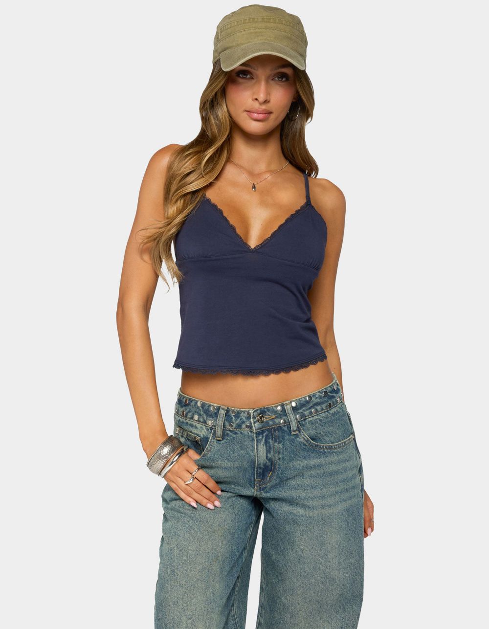 EDIKTED Lotto Lacey V-Neck Tank Top - NAVY