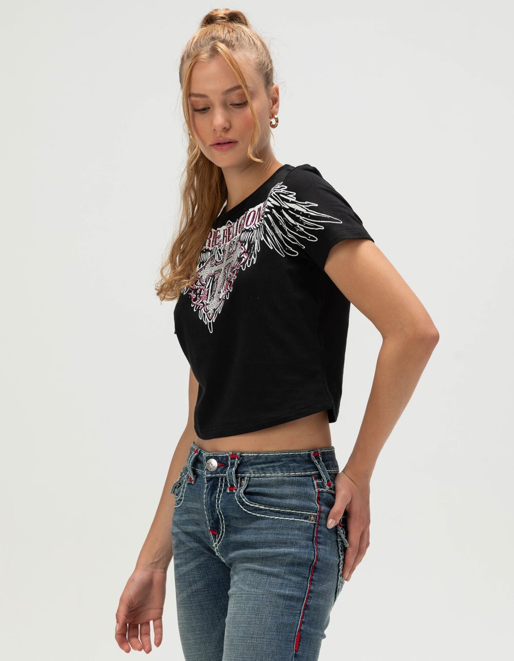 TRUE RELIGION Crystal Wing Womens Baby Tee - BLACK