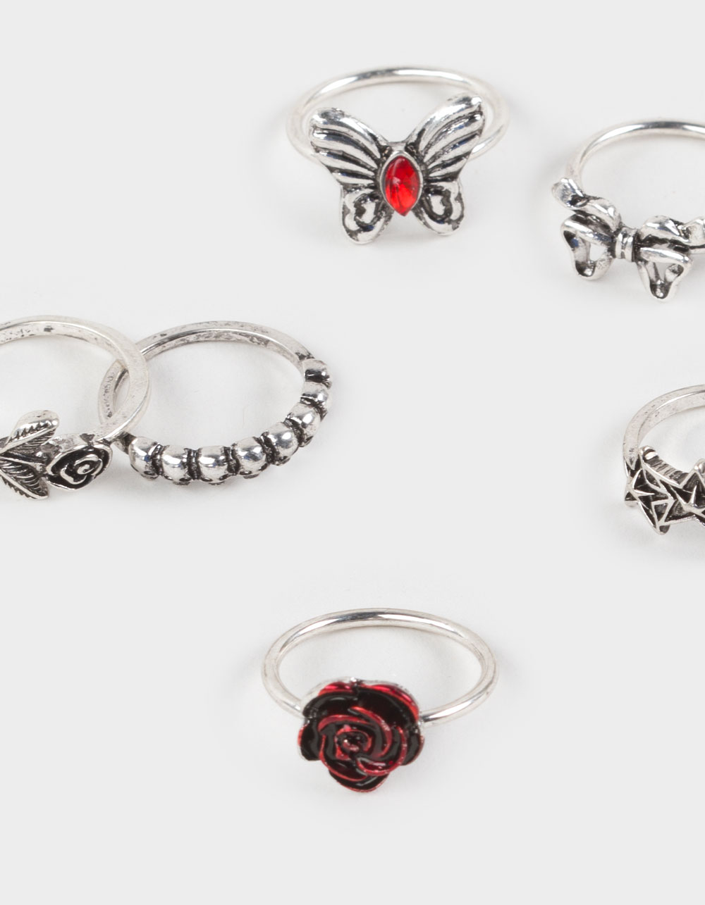 FULL TILT 6 Pack Butterfly/Rose/Bow Dainty Rings - SILVER