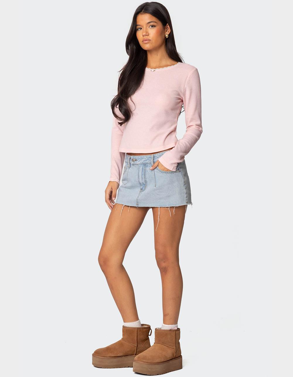 EDIKTED Rosemarie Lacey Waffle Top - PINK