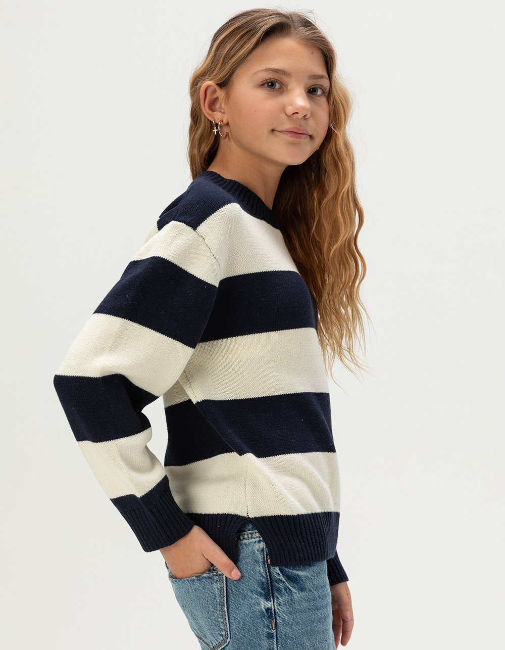 FULL TILT Girls Stripe Oversized Crewneck Sweater