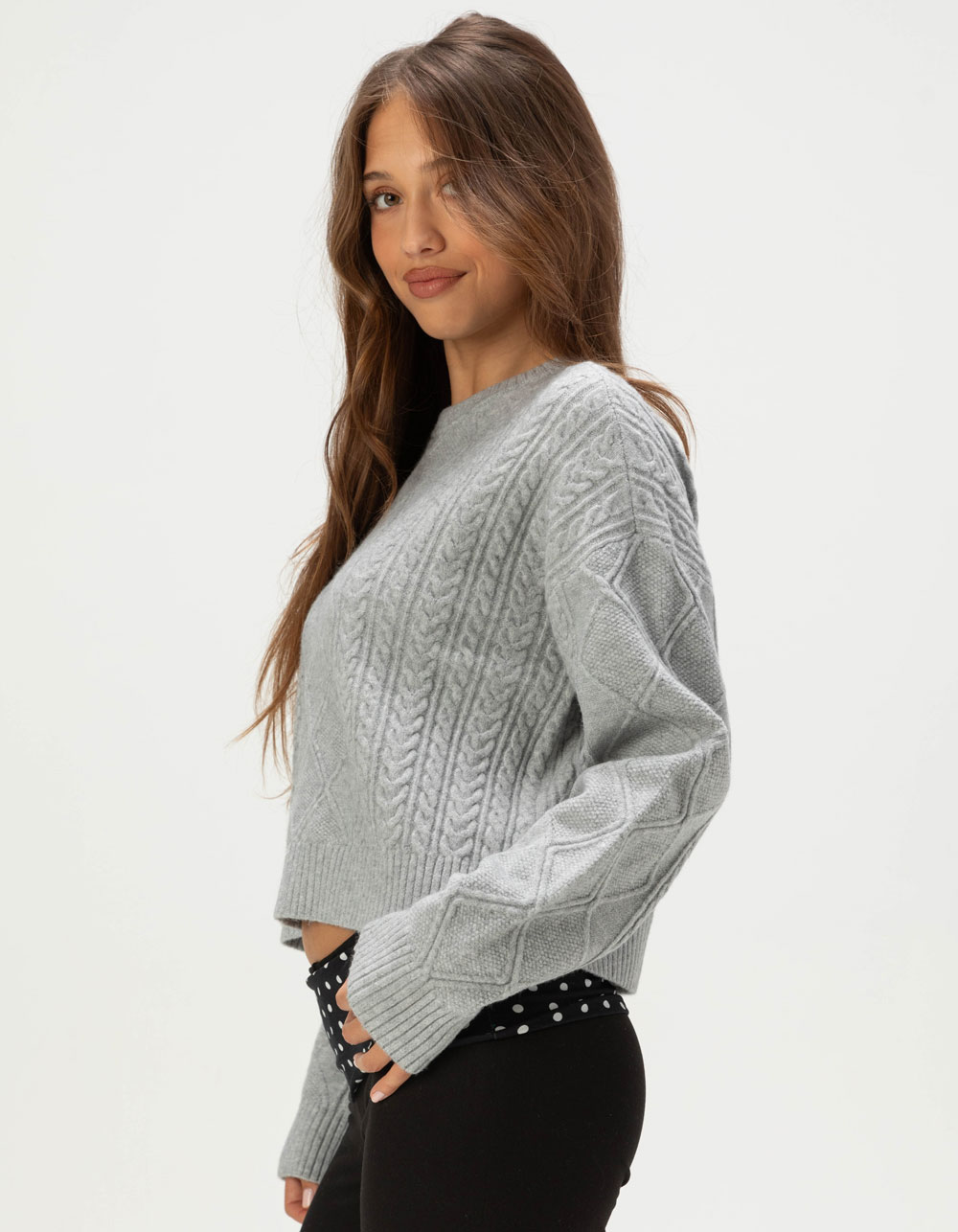 RSQ Womens Crop Cable Sweater - HEATHER GRAY