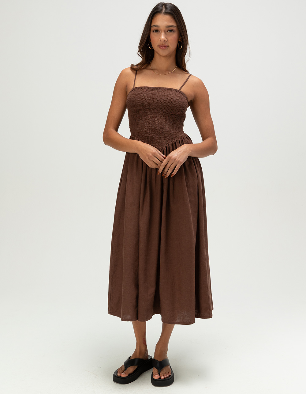 PATRONS OF PEACE Smocked Womens Midi Dress - BROWN