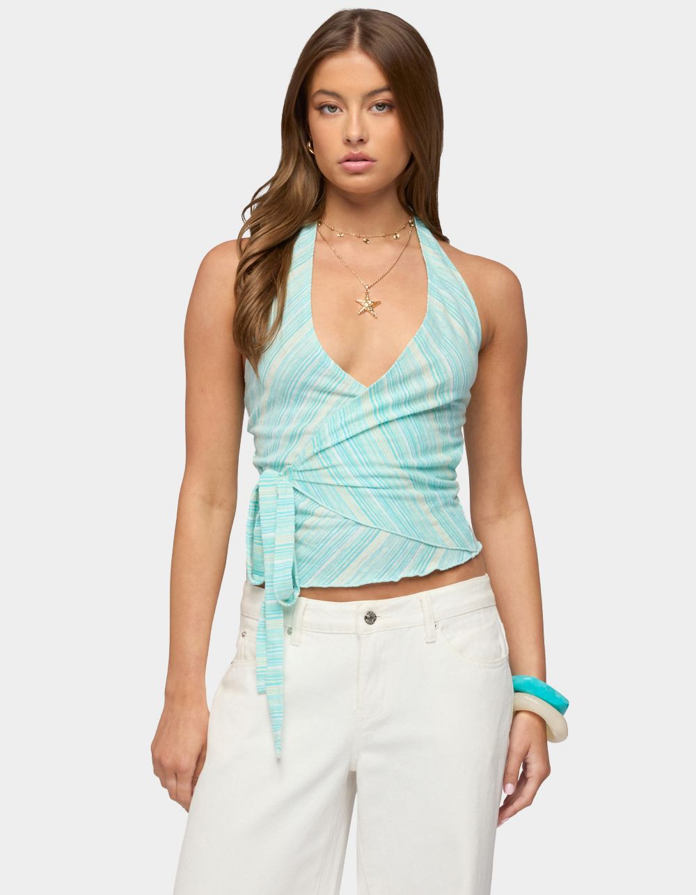 EDIKTED Aquarelle Striped Wrap Halter Top - TURQUOISE