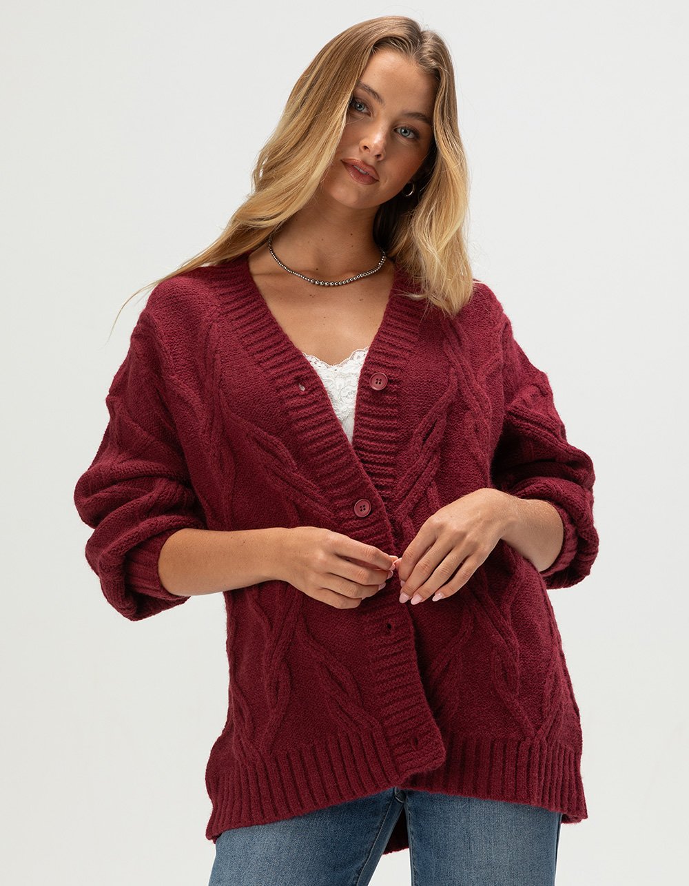 ACOA Womens Oversized Cardigan - BURGUNDY