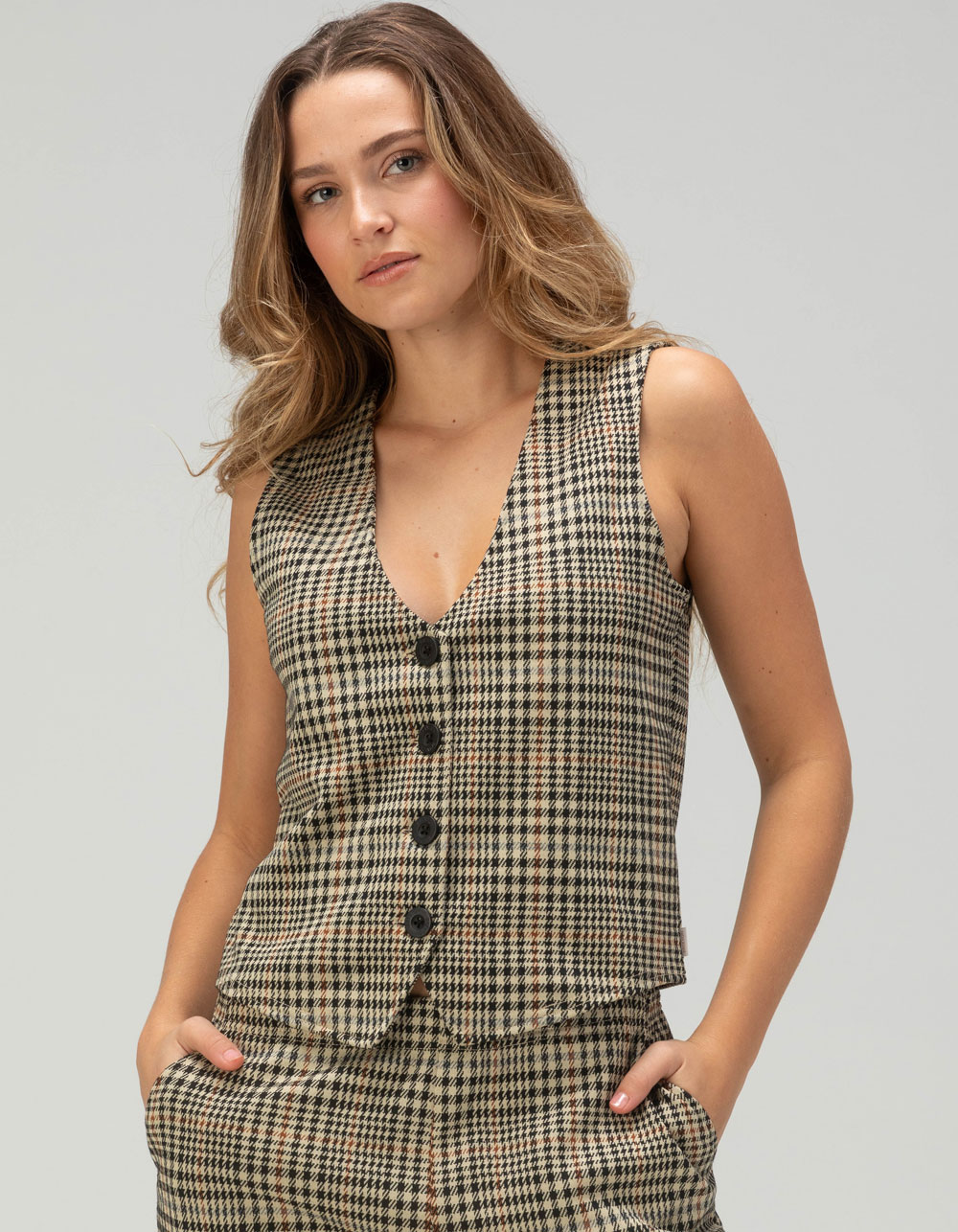 BRIXTON Menswear Plaid Womens Vest - BROWN COMBO