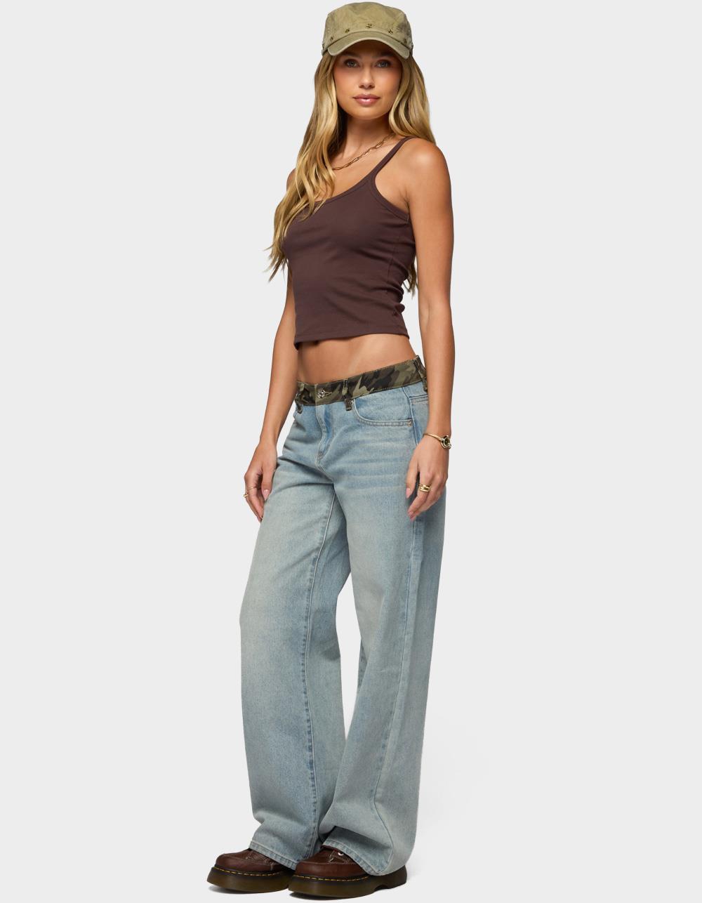 EDIKTED Camo Waist Low Rise Baggy Jeans - LIGHT BLUE