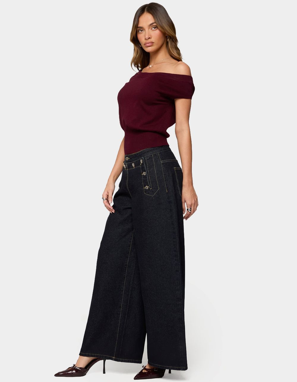 EDIKTED Frida Buttoned Low Rise Baggy Jeans - DARK BLUE
