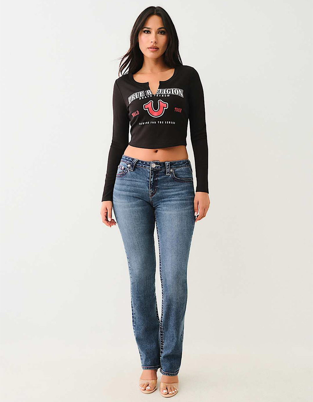 TRUE RELIGION Horseshoe Logo Rib Womens Long Sleeve Baby Tee - BLACK