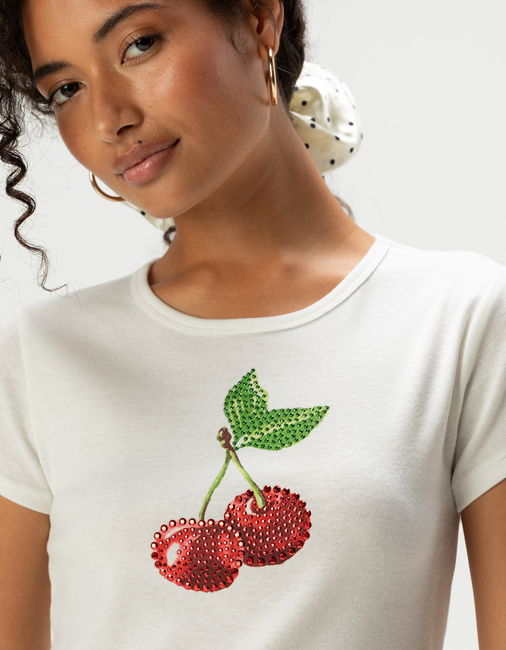 FULL TILT Cherry Rhinestone Womens Tee - WHITE