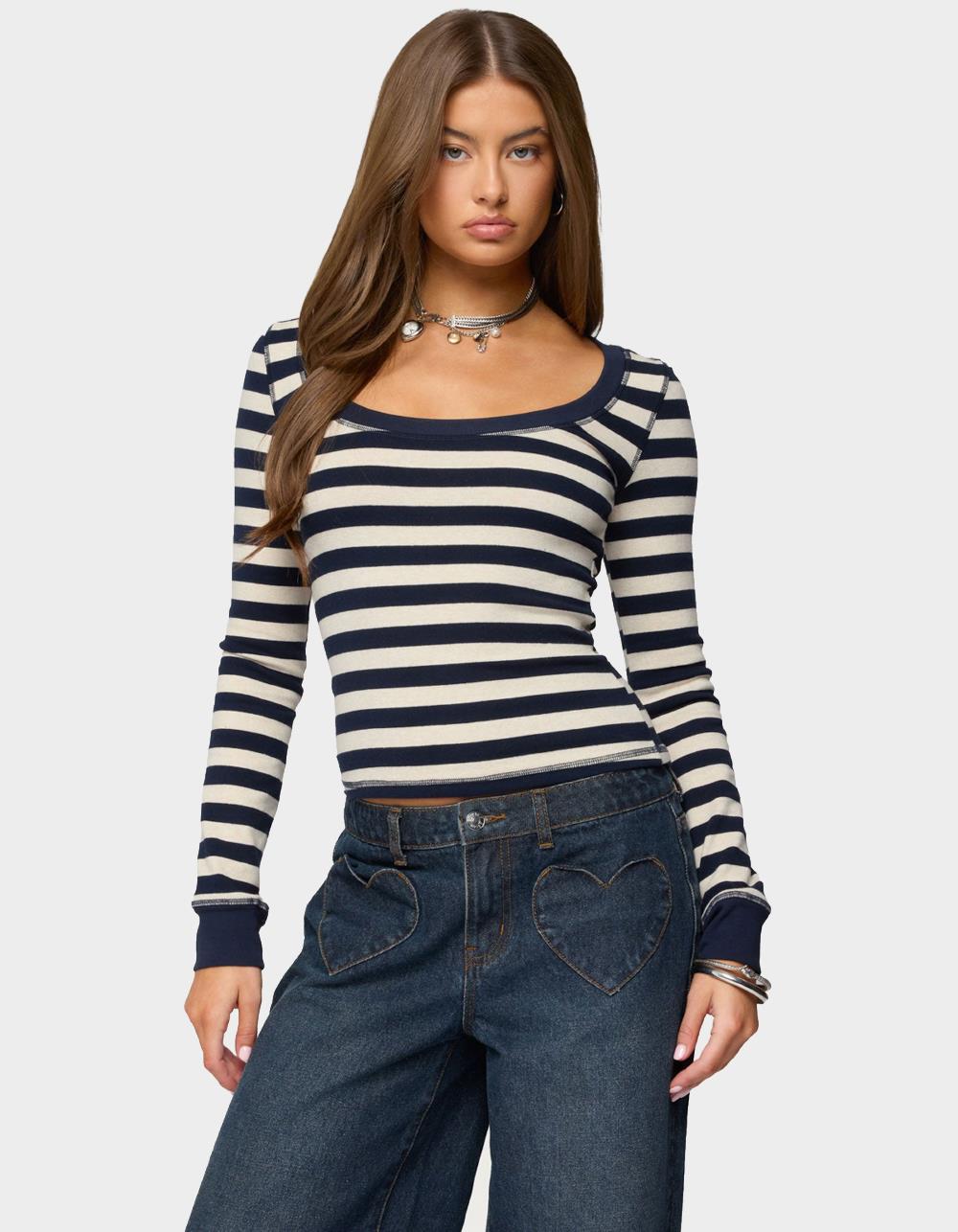 EDIKTED Rainey Striped Long Sleeve Top - NAVY