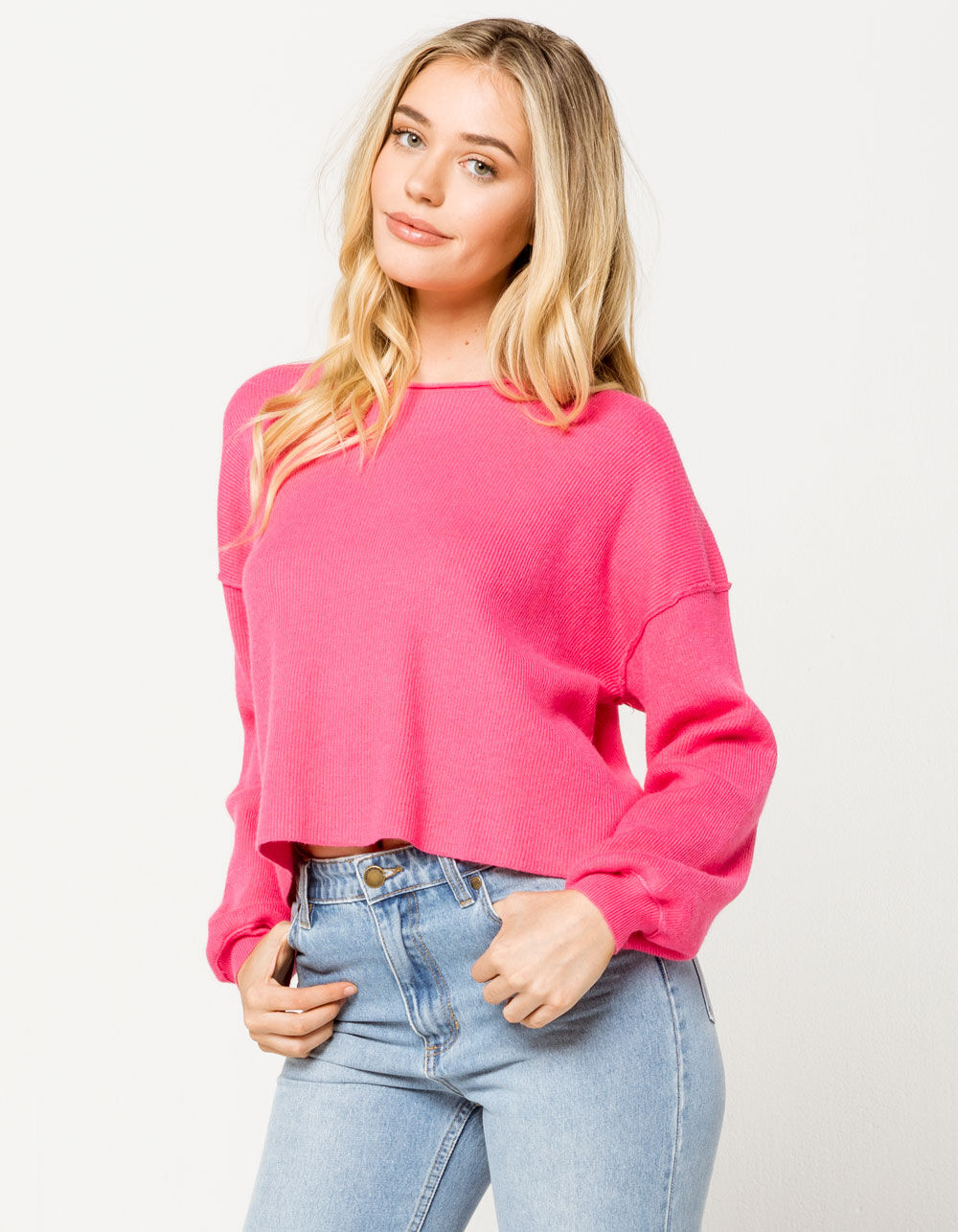 SKY AND SPARROW Ribbed Balloon Sleeves Hot Pink Womens Sweater - HOT ...