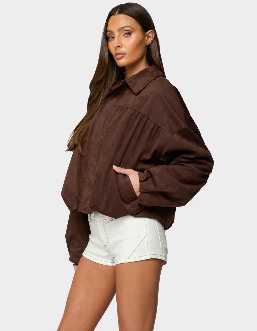 EDIKTED Alberta Faux Suede Bubble Jacket - DARK BROWN
