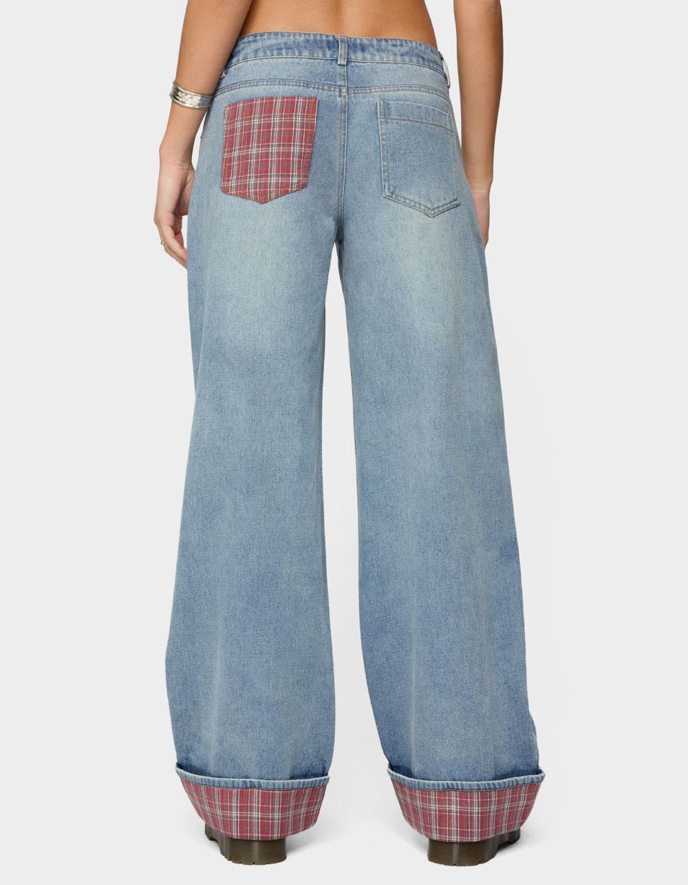 EDIKTED Plaid Cuffed Low Rise Baggy Jeans - LIGHT BLUE