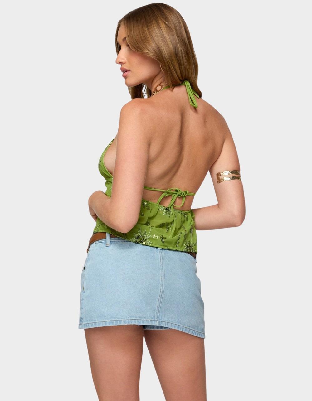 EDIKTED Kiki Sequin Floral Chiffon Halter Top - GREEN