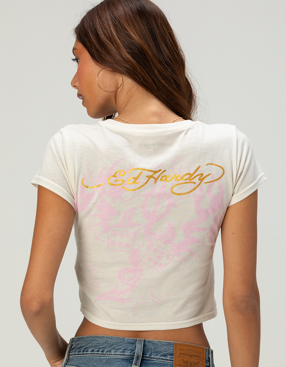 ED HARDY Leopard Panther Womens Rhinestone Baby Tee - IVORY