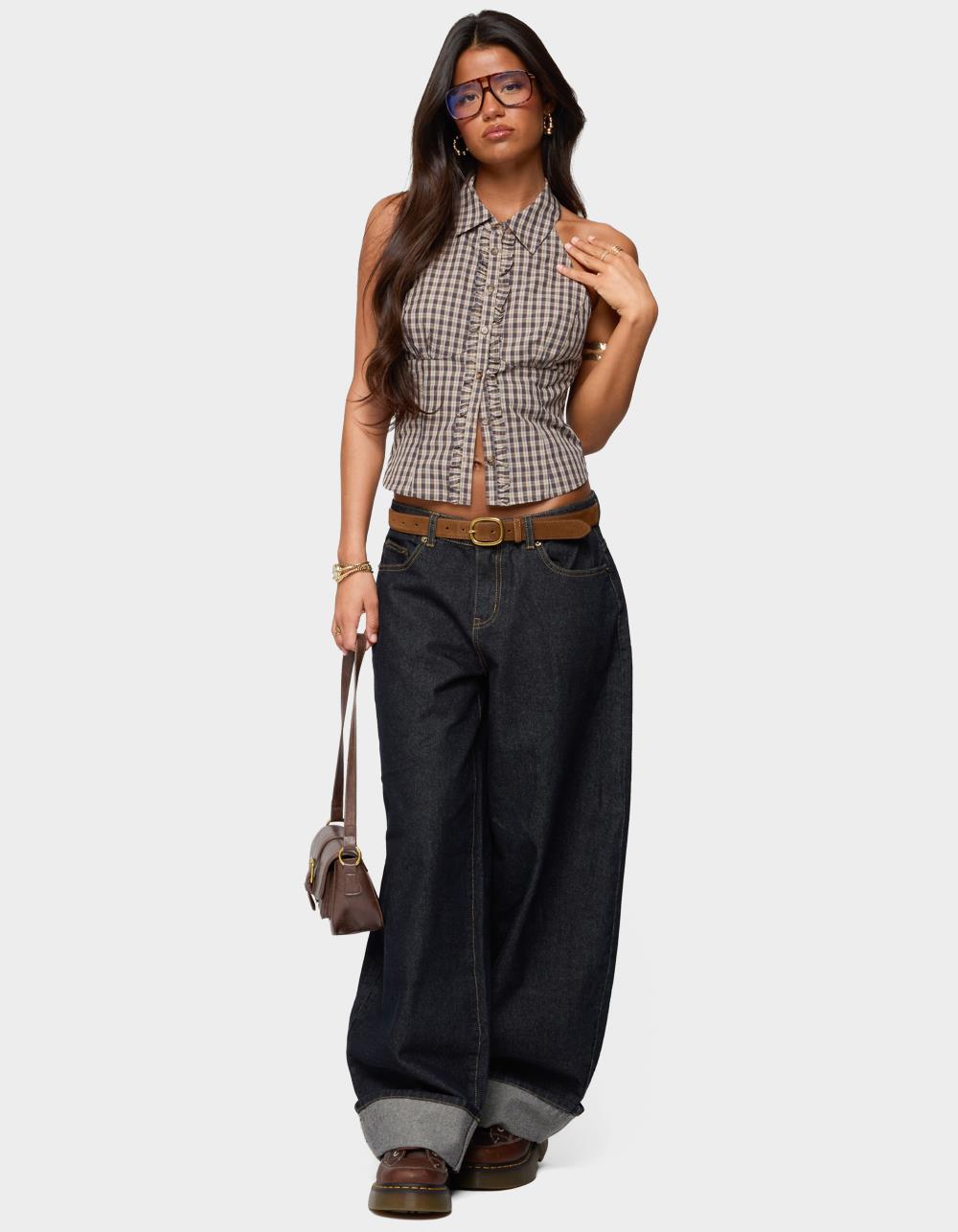 EDIKTED Imrie Plaid Collared Halter Top - BROWN