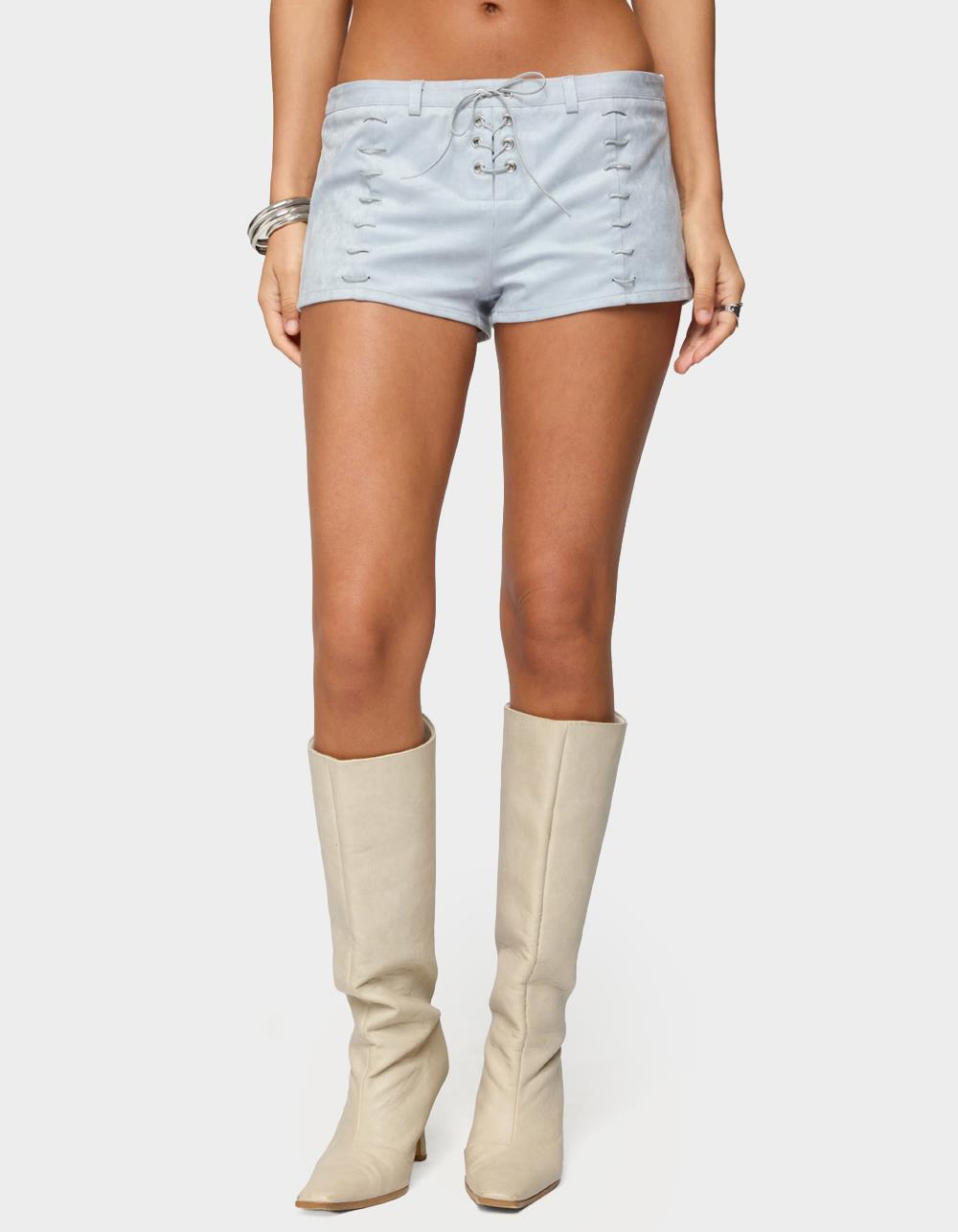 EDIKTED Sloane Faux Suede Micro Shorts - LIGHT BLUE
