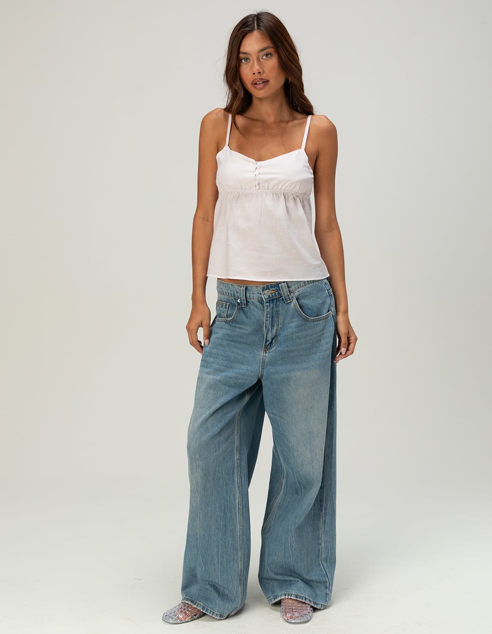 RSQ Womens Henley Babydoll Cami - PNK/WHT