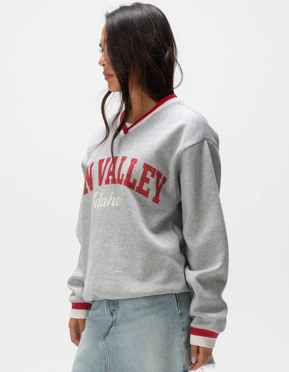 RSQ Womens Sun Valley V-Neck Sweatshirt - HEATHER GRAY