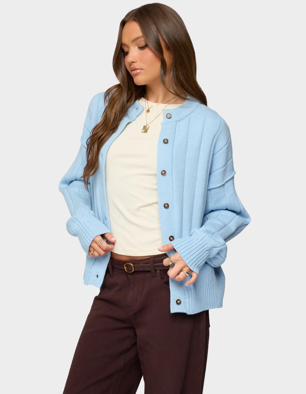 EDIKTED Joanie Wide Ribbed Knit Cardigan - BLUE