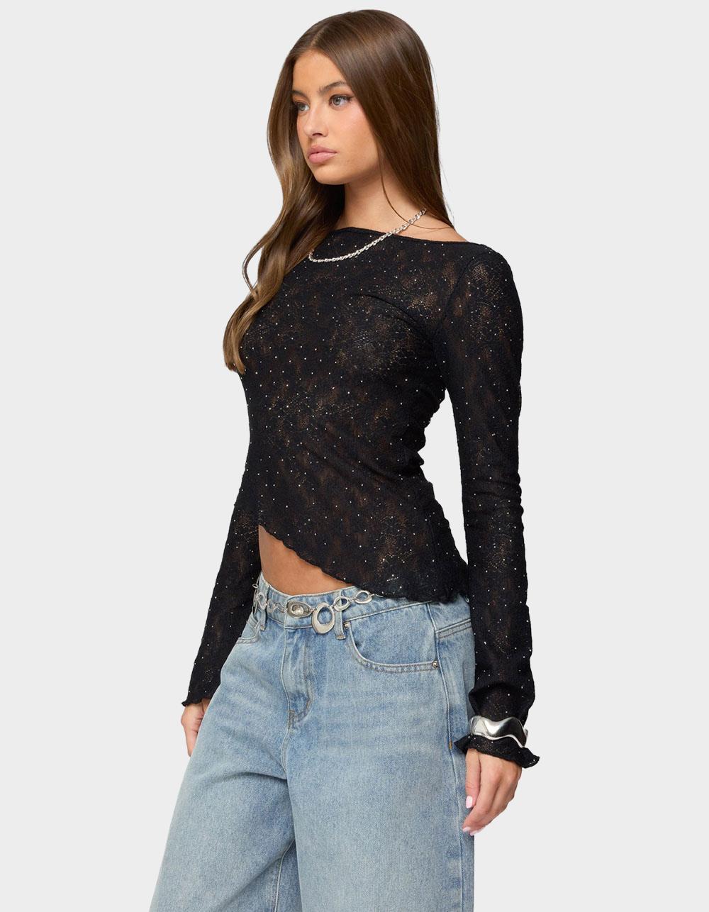 EDIKTED Mare Asymmetric Gem Sheer Lace Top - BLACK